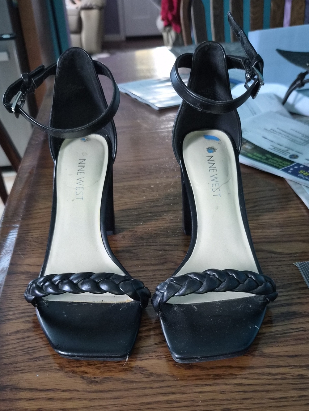 Nine West Black Braided Ankle-Strap Block 3,5 "Heels